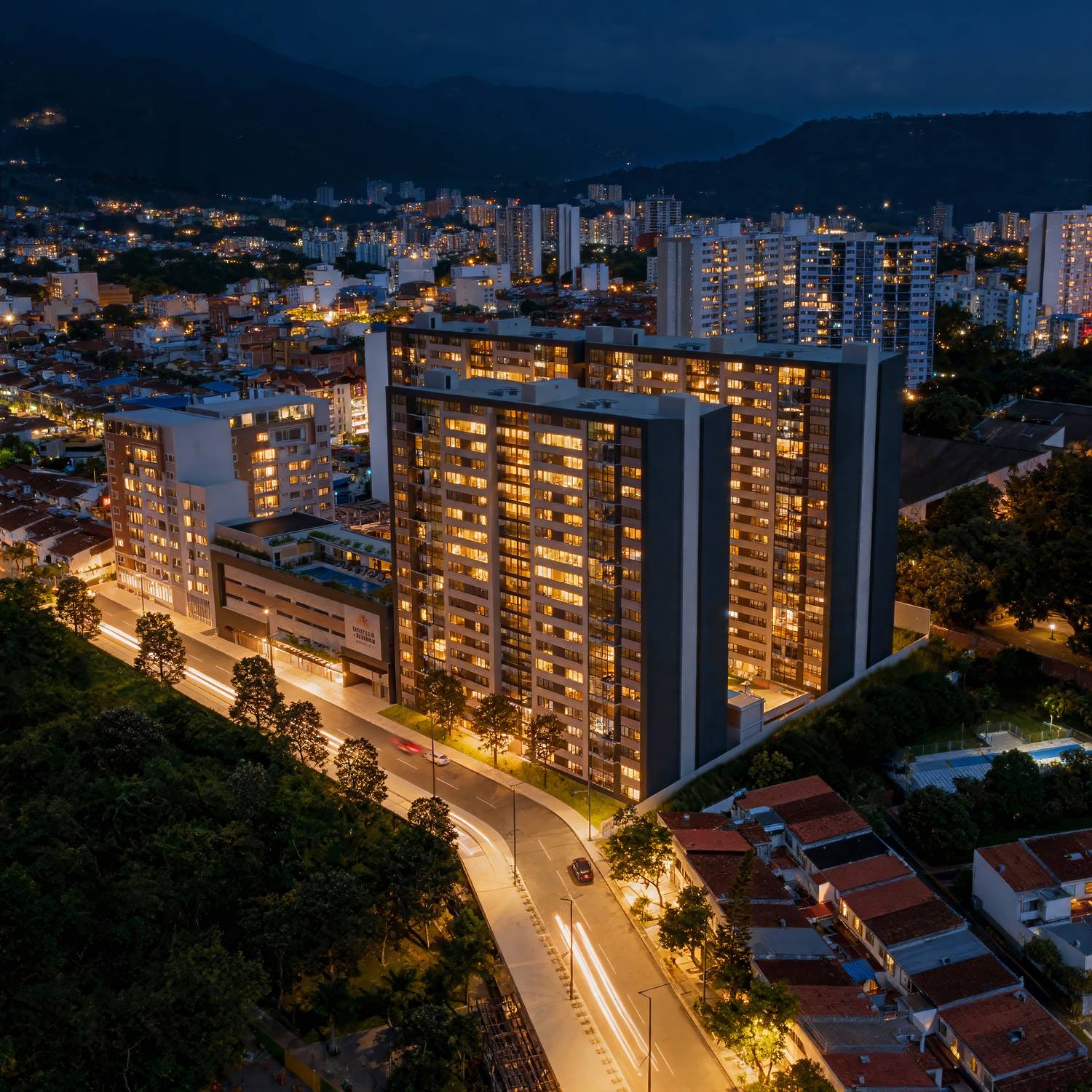 Proyecto residencial Fontana de noche, vista aérea de la ciudad